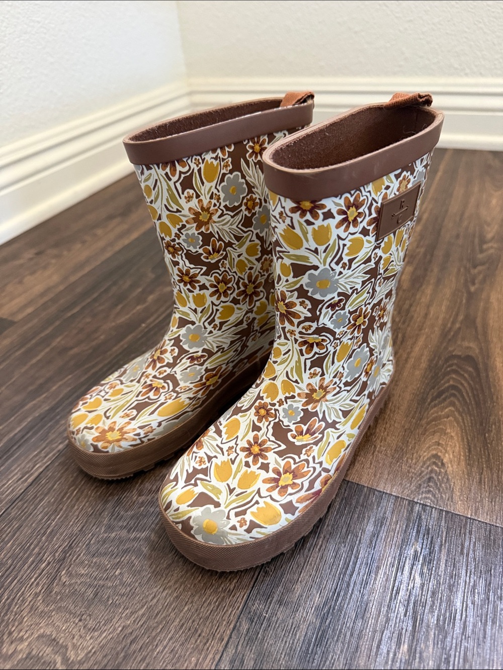 Rylee + Cru Kids Floral Rain Boots in Brown & Yellow
